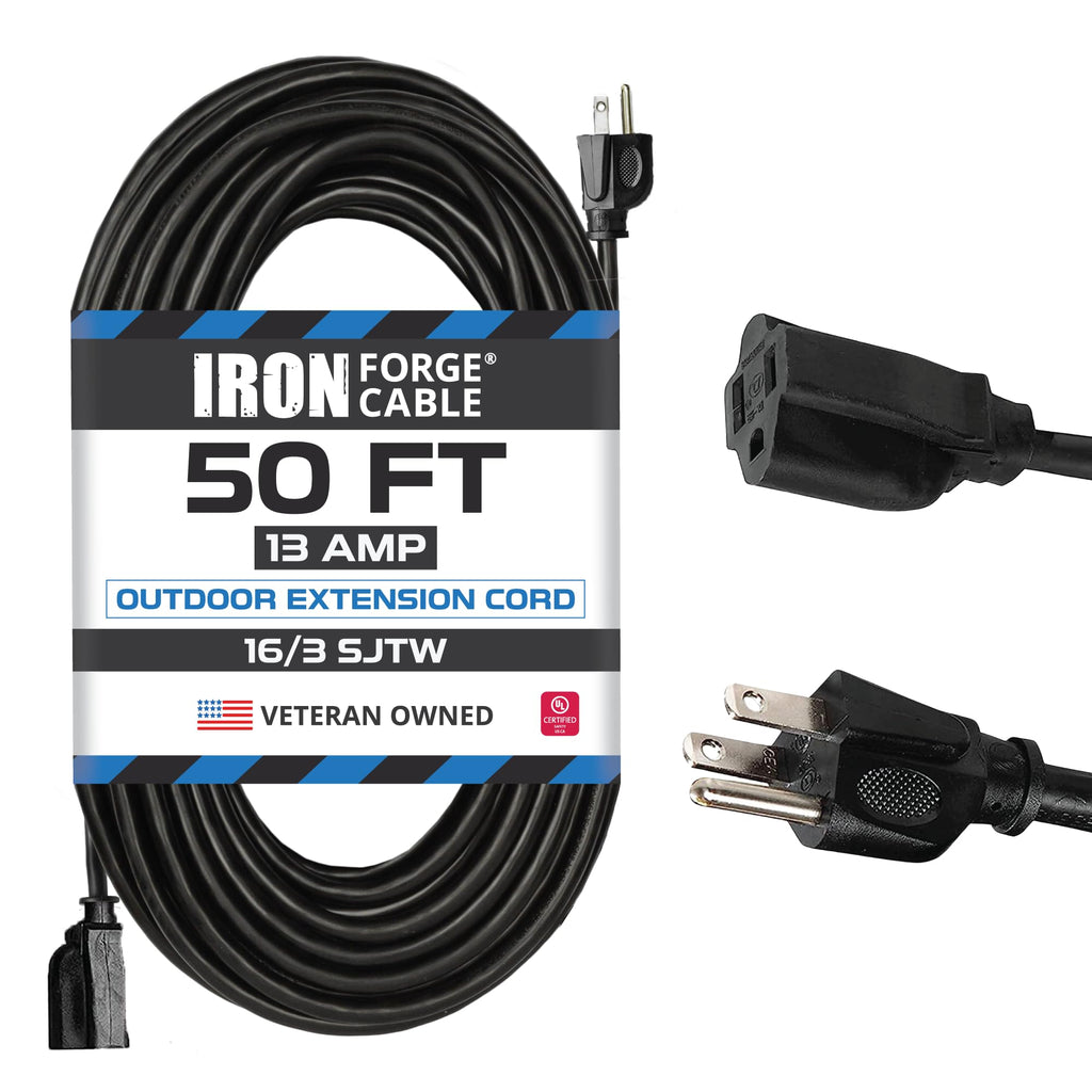 Iron Forge Cable Black Outdoor Extension Cord 50 ft, 16/3, 50 Foot Outdoor Extension Cord, 3 Prong, Weatherproof - Great for Outside Use