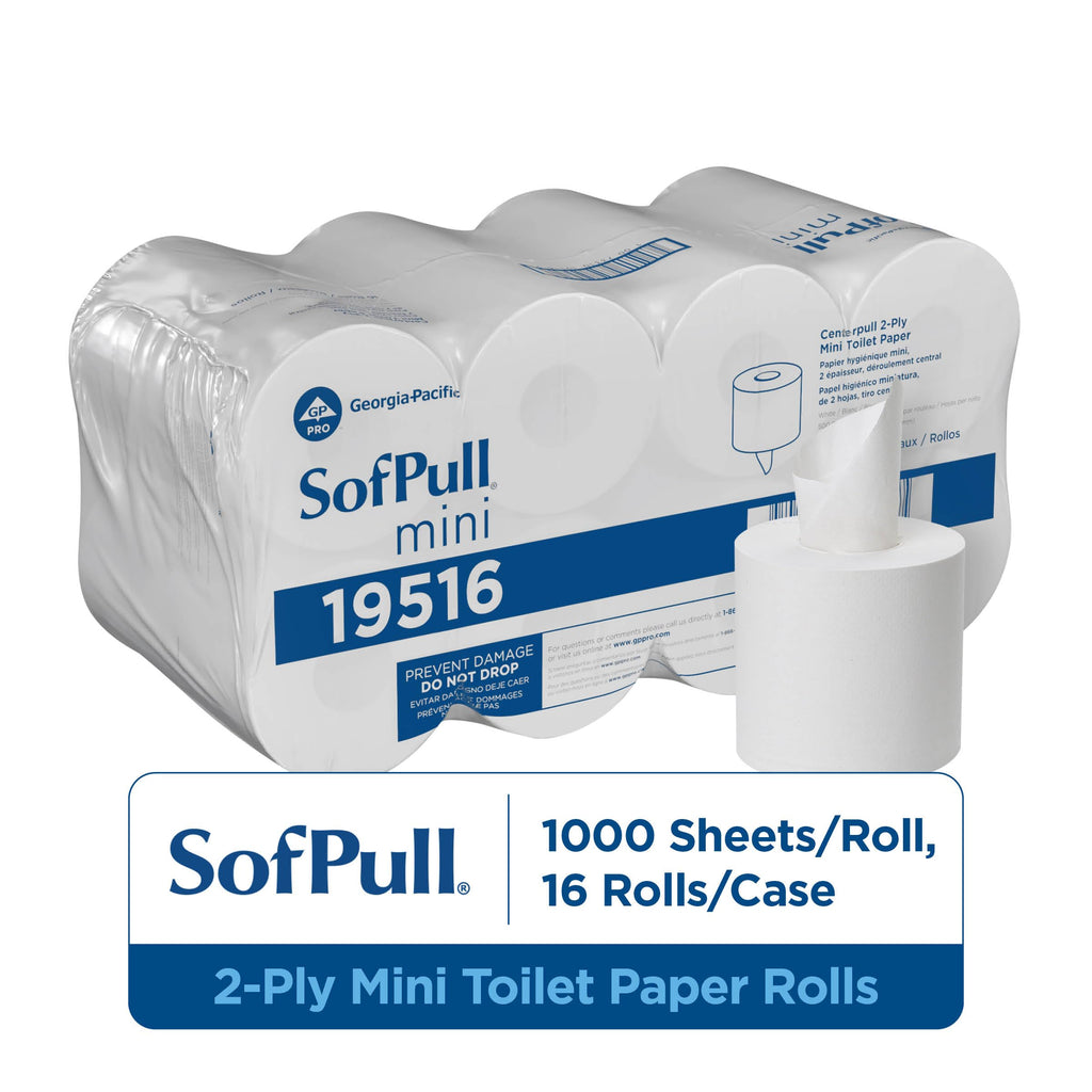 Georgia-Pacific SofPull Centerpull 2-Ply Mini Toilet Paper by GP PRO, 19516, 500 Sheets Per Roll, 16 Rolls Per Case, White