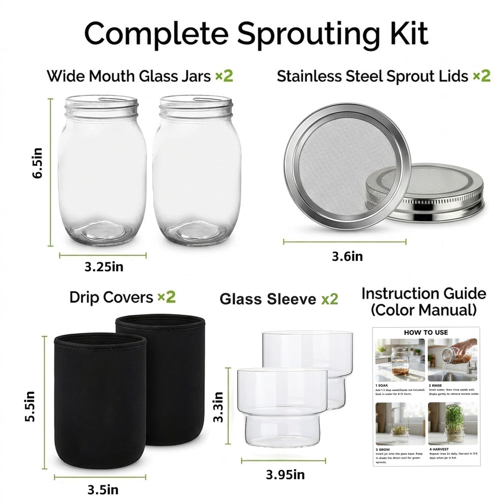 DWETG Sprouting Jar Kit, 2 Pack Wide Mouth Mason Jar Sprouter with Stainless Stee Screen Lids & Mess-Free Drip Covers Complete Indoor Microgreens Growing Kit Broccoli Alfalfa Gardening Gift