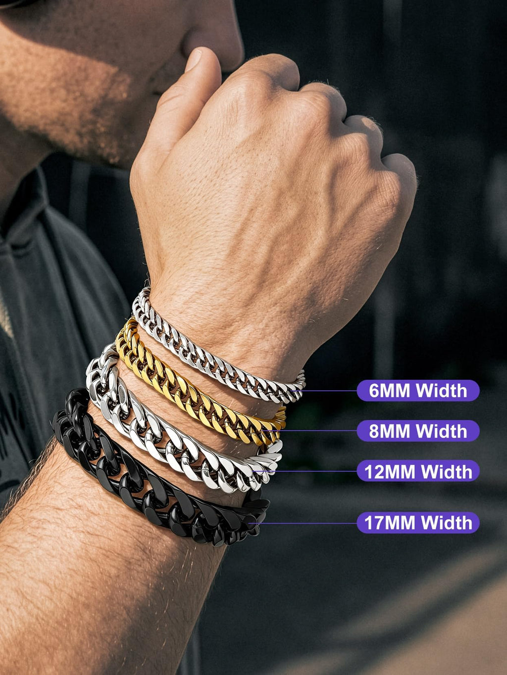 Richsteel Cuban Link Beacelet for Men,Black/8MM Width/7.4Inch Length