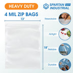 Spartan Industrial - 13” X 18” (100 Count) 4 Mil Thick Clear Reclosable Zip Plastic Poly Bags with Resealable Lock Seal Zipper - Heavy Duty and Durable