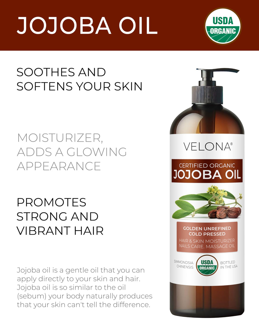 velona Jojoba Oil USDA Certified Organic - 32 fl oz (With Pump) | 100% Pure and Natural | Golden, Unrefined, Cold Pressed, Hexane Free | Moisturizing Face, Hair, Body, Skin Care
