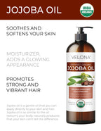velona Jojoba Oil USDA Certified Organic - 32 fl oz (With Pump) | 100% Pure and Natural | Golden, Unrefined, Cold Pressed, Hexane Free | Moisturizing Face, Hair, Body, Skin Care