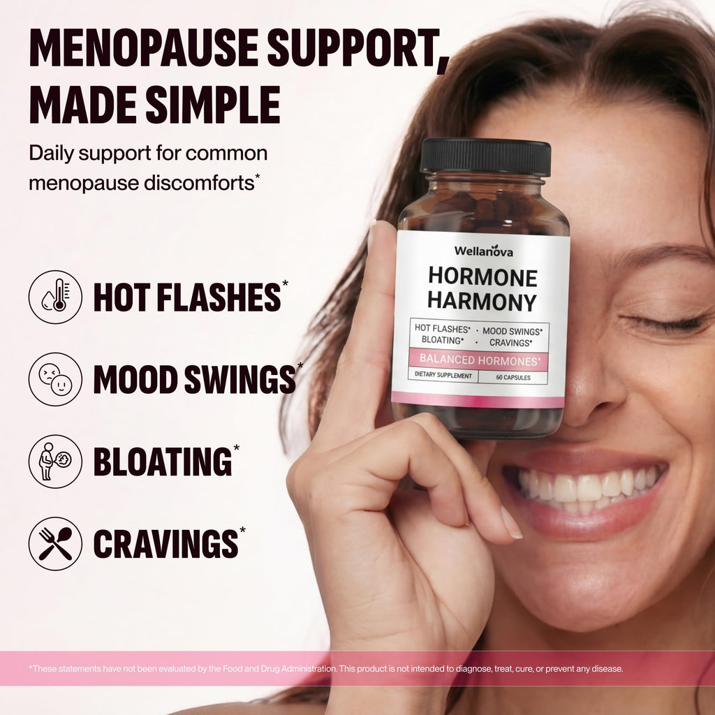 Wellanova Hormone Harmony for Women – Natural Hormonal Balance Support for Menopause & Perimenopause – Hot Flashes, Mood Swings, Cravings, Bloating Relief – 60 Capsules