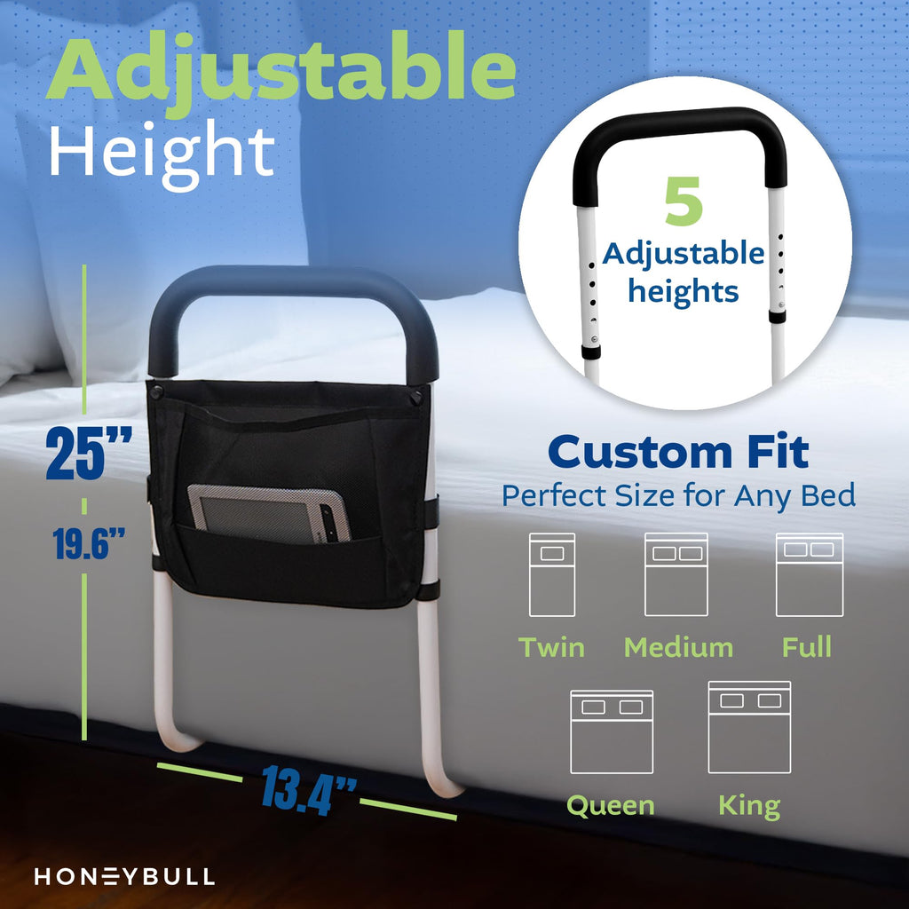 HONEYBULL Bed Rails for Elderly Adults - Medical Bed Assist Rail with Support Bar, Storage Bag & Safety Strap, Fits King, Queen, Full, and Twin Beds – Mobility Assistance for Elderly or Disabled