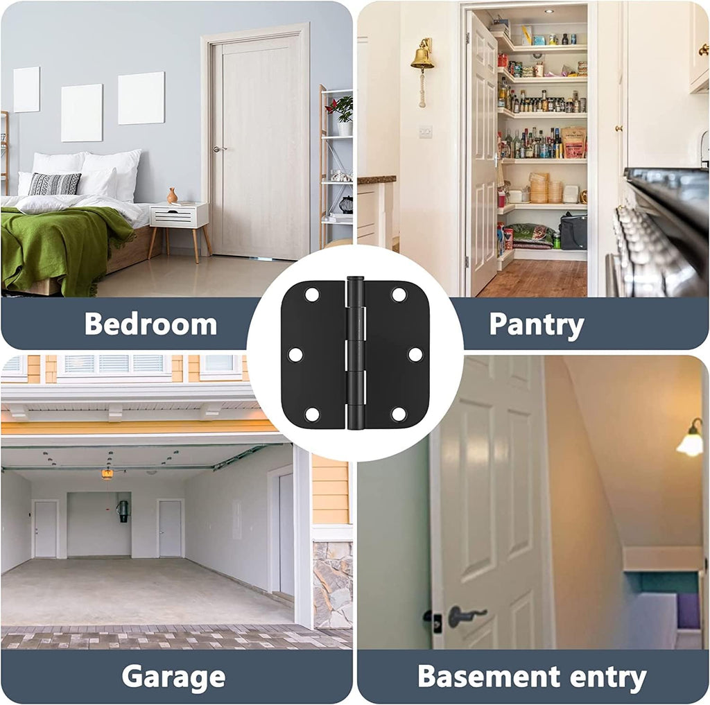 HOSOM 12 Pack Rounded Matte Black Door Hinges 3.5 x 3.5 inch with 5/8 Radius, Black 3 1/2 Interior Door Hinges, 3 ½"x 3 ½" Hardware