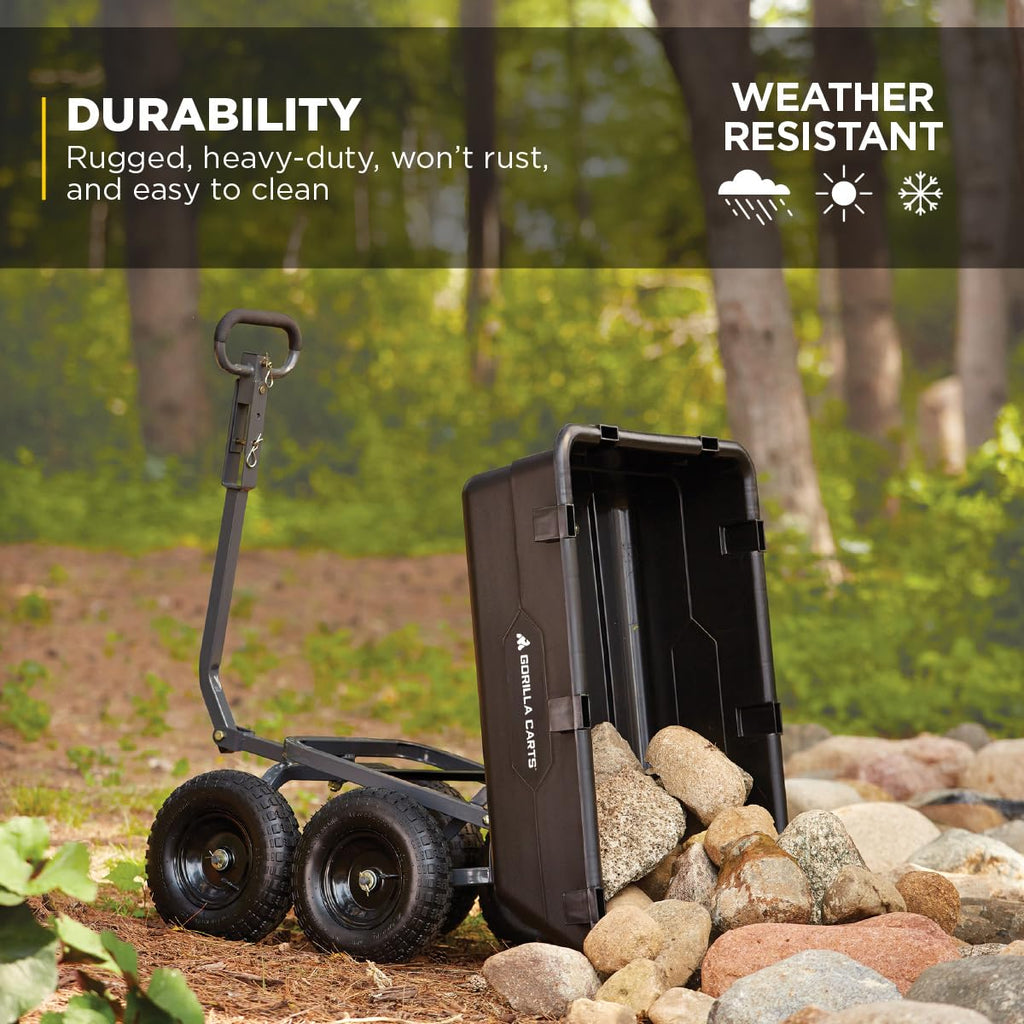 Gorilla Carts Poly Garden Dump Garden Cart with Easy to Assemble Steel Frame, Camping Wagon with Quick Release System, 1200 Pound Capacity, and 13 Inch Tires