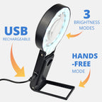 Hands-Free Magnifier with USB Rechargeable LED Lights and Storage Case | Loupe Magnifying Glass with Stand for Reading Jewelry Coins Watch Hobby Crafts Close Work