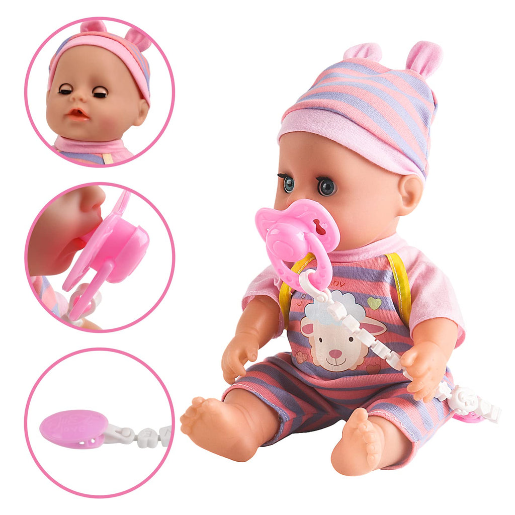 deAO 12” Baby Doll Play Set with Crib, Mobile, High Chair Feeding Accessories, Interactive Dolls for Girls Kids Pretend Play Baby Dolls 21 PCS