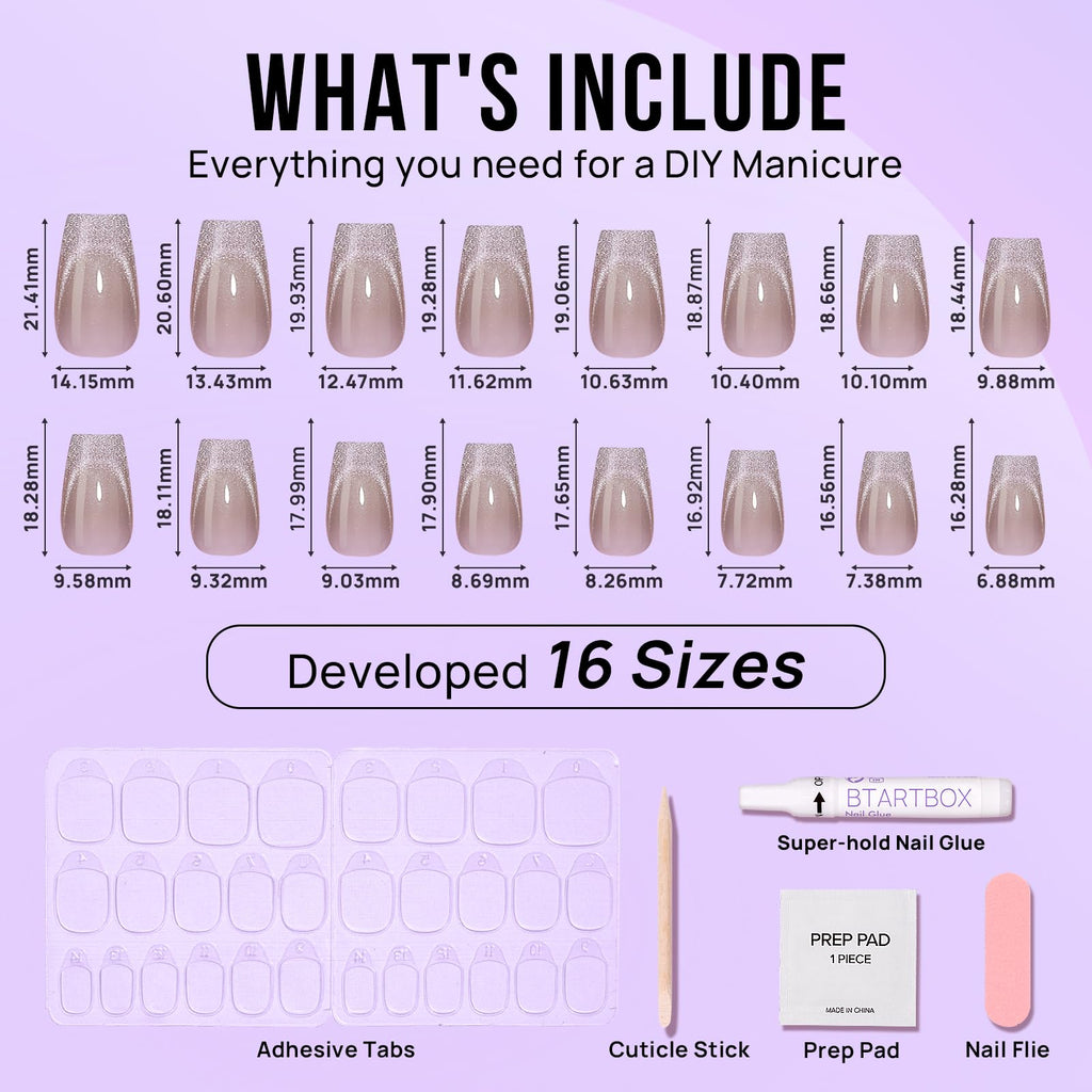 BTArtbox Press On Nails, Short Coffin French Tip Nails, 32 Pcs Full Kit
