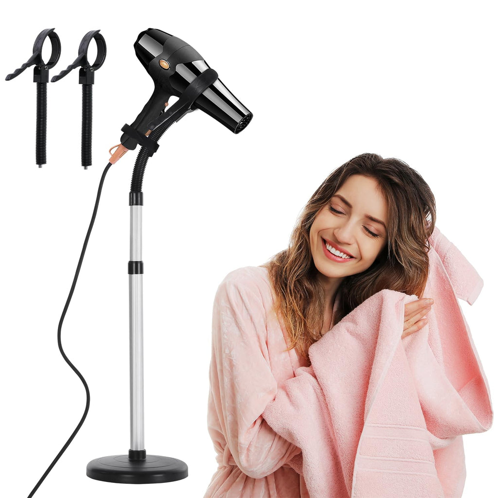 Erytlly Hair Dryer Stand Hands-Free Adjustable 360-Degree Rotating Blow Dryer Stand Hands-Free Metal Hair Dryer Holder Stand for Bathroom, Vanity, Makeup Room New Model Equipped with Two Collets