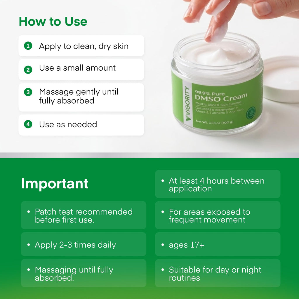 Vigority DMSO Cream 99.9% Pure for Topical Joint, Muscle Comfort - DMSO Pharmaceutical Grade Cream with Arnica, Magnesium, Turmeric, OptiMSM, Aloe Vera 3.53oz