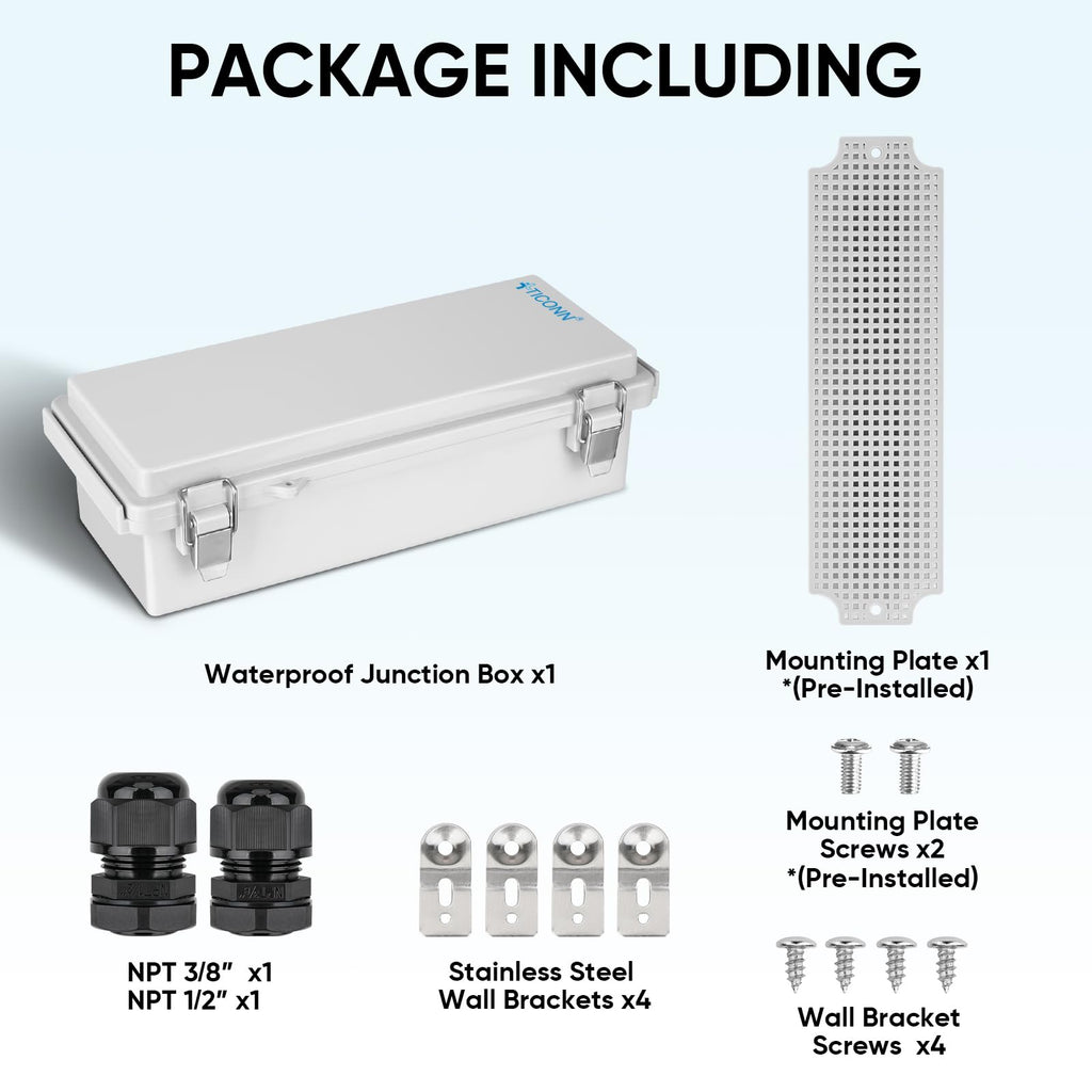 TICONN Outdoor Electrical Box Waterproof, Junction Box IP67 ABS Plastic Enclosure with Hinged Cover with Mounting Plate, Wall Brackets, Cable Glands (Off-White, 10.2"x4.3"x3.0")