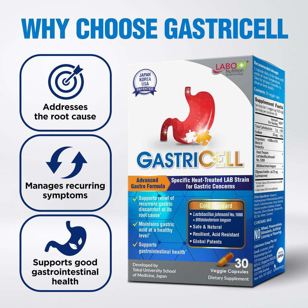 LABO Nutrition GASTRICELL - Acid Reflux, Heartburn, Recurring Gastric Discomfort For Natural Defence Against Gastric Distress, Supports Lining Integrity - Heat Treated Postbiotic, 1 Daily, 30 capsules
