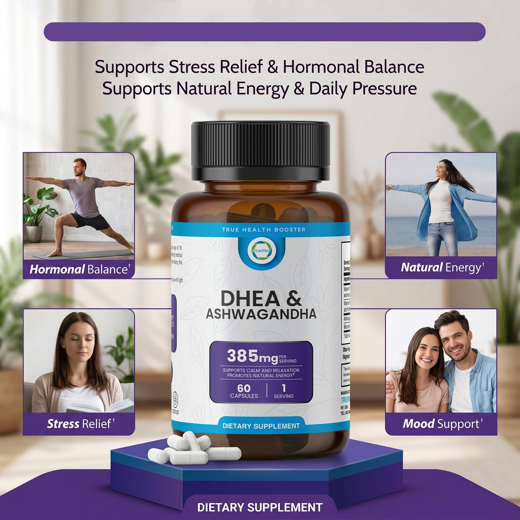 TRUEMED DHEA & Ashwagandha Supplement 385mg – Ashwagandha 250mg, DHEA 10mg, Vitamin C & B6 – Supports Relaxation, Natural Energy & Balanced Mood – Made in USA, 60 Vegan Capsules