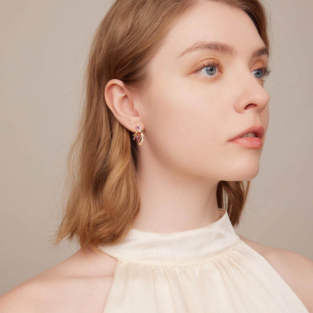 BISAER Rose Gold Multicolor CZ Flower Stud Earrings for Women Lady Trendy