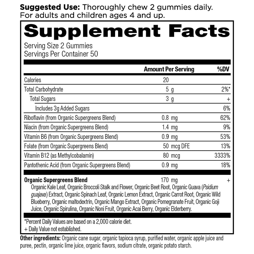 Ancient Nutrition Supergreens Gummy, Organic Superfood Gummy Made from Real Fruits, Vegetables and Herbs, for Digestive and Energy Support, 100 Count, Strawberry Watermelon