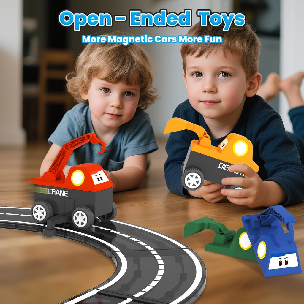 ORZbb Magnetic Tiles Truck Toddler Toys 3 4 5 Year Old Boys Girls, Magnetic Blocks Electric Engineering Vehicle - 2 Car Bases and 4 Car Bodies. Compatible with Traversable on Magnet Roads.