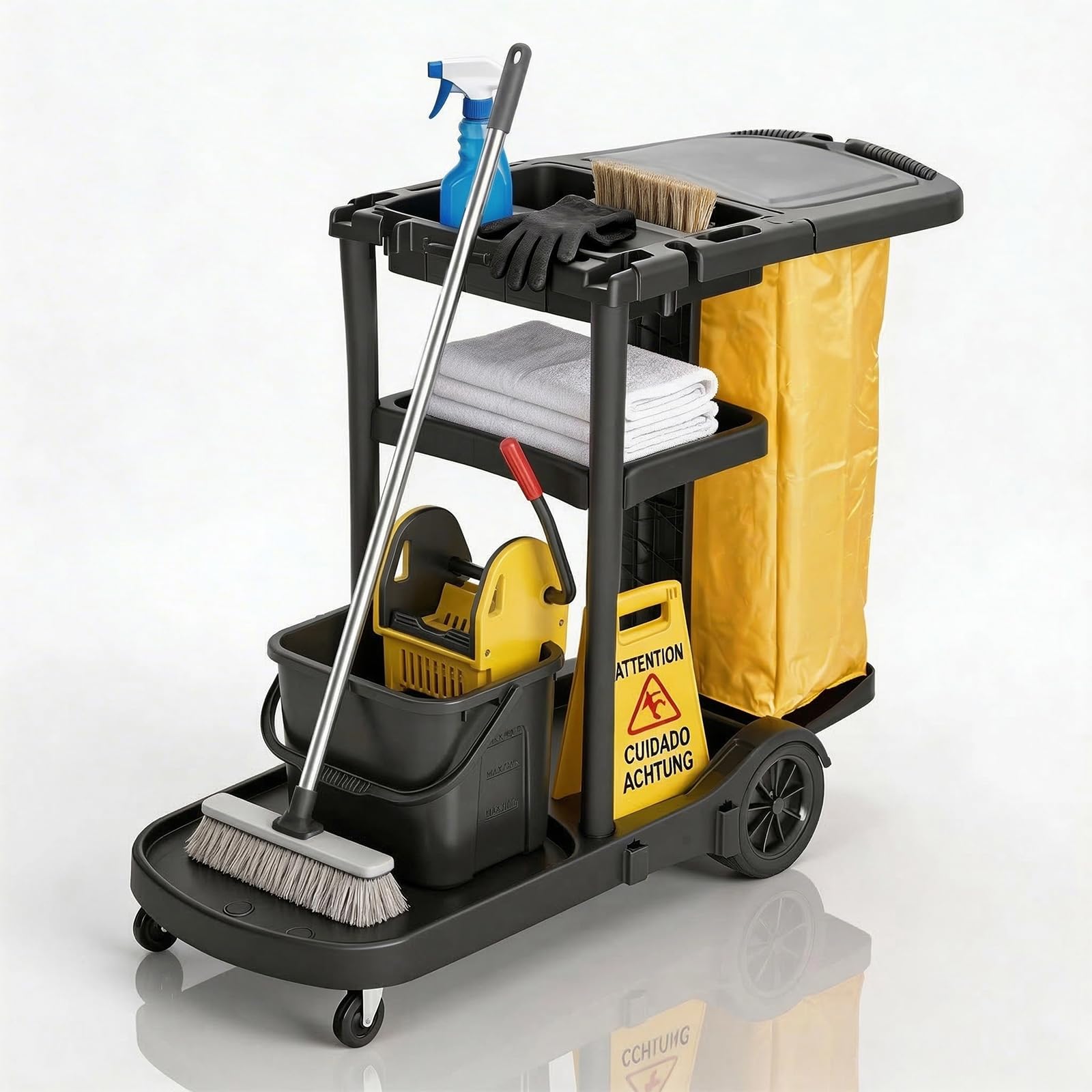 NORTHSKY Janitorial Cart, 3-Shelf Cleaning Carts on Wheels,Commercial Traditional Plastic Housekeeping Cart with 2 Yellow Vinyl Bag and 2 Pair of Rubber Gloves (Classic Black)