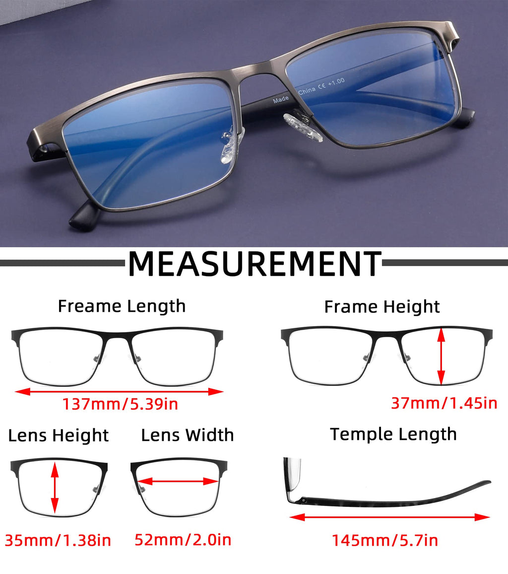 DILLY VISION 4-Pack Mens Reading Glasses Blue Light Blocking,Spring Hinge Stylish Metal Full Frame Readers for Men Anti Glare Filter Eyeglasses +1.50