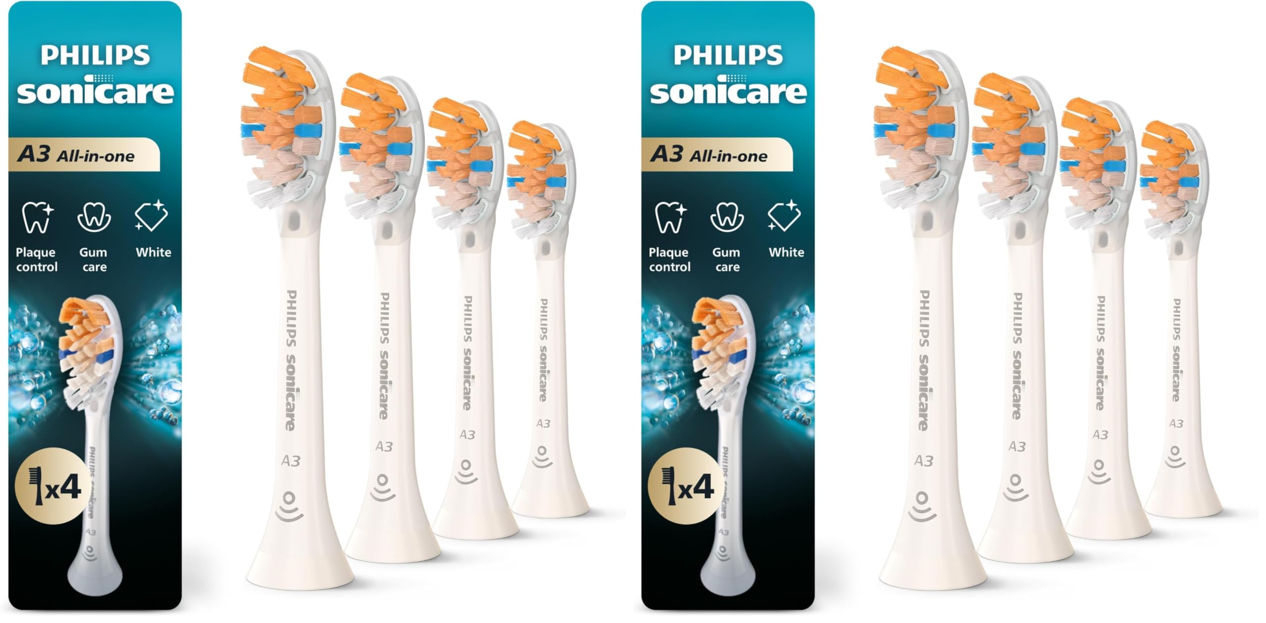 Philips Sonicare A3 All-in- - Genuine Replacement Electric Toothbrush Heads,White,Year Supply,HX9094/65,4 Count (Pack of 2)