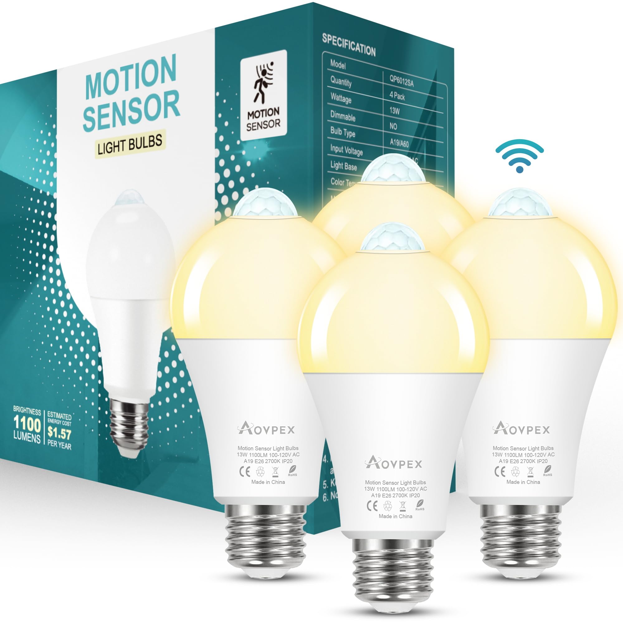Aovpex Motion Sensor Light Bulbs, Dusk to Dawn, 13W 100W Equivalent, Movement Activated Security LED Bulb, 2700K Warm White, for Outdoor Indoor, Porch Garage Basement Hallway Closet, 4 Pack