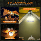 TOHETO 2-Pack Camping String Lights, 3 in 1 Upgraded Retractable RGB Outdoor String Lights with 19 Lighting Modes, Quick 30s Recovery, 32.8 FT Portable Tent Light, Rechargeable Camping Lantern (White)