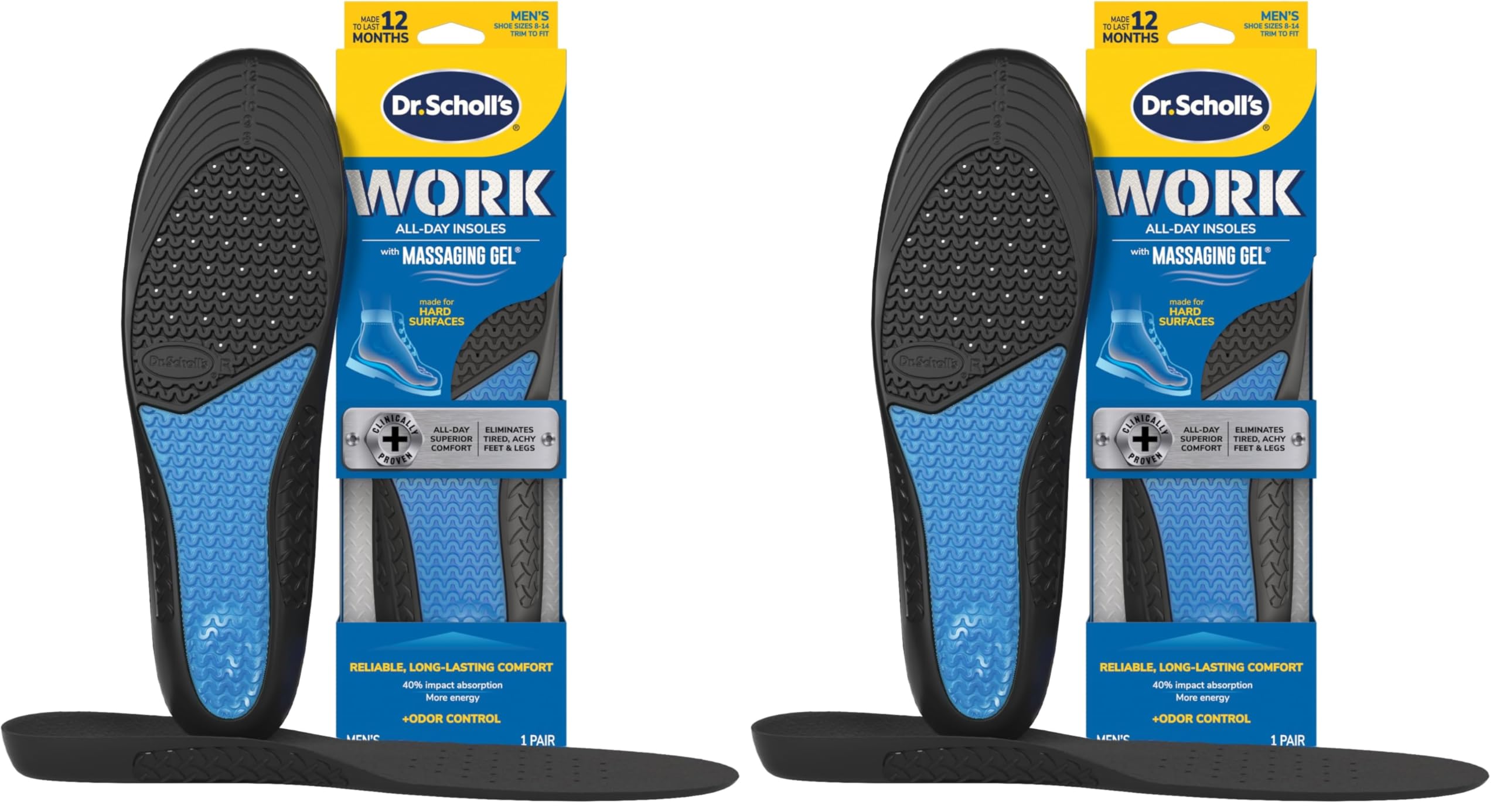 Dr. Scholl's Work All-Day Superior Comfort Insoles (with) Massaging Gel®, Men, 1 Pair, Trim to Fit (Pack of 2)