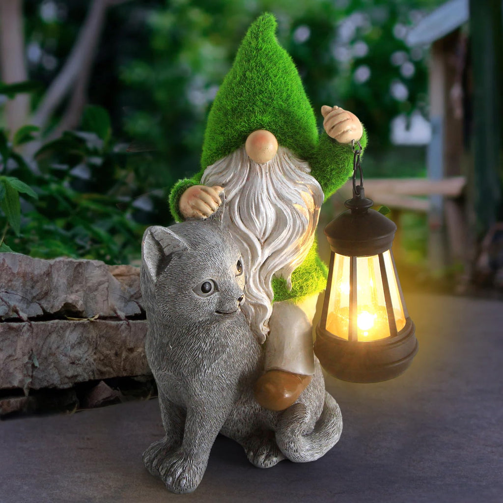 Garden Cat Gnome Decorations for Yard with Solar Lights,Resin Flocked Gnome