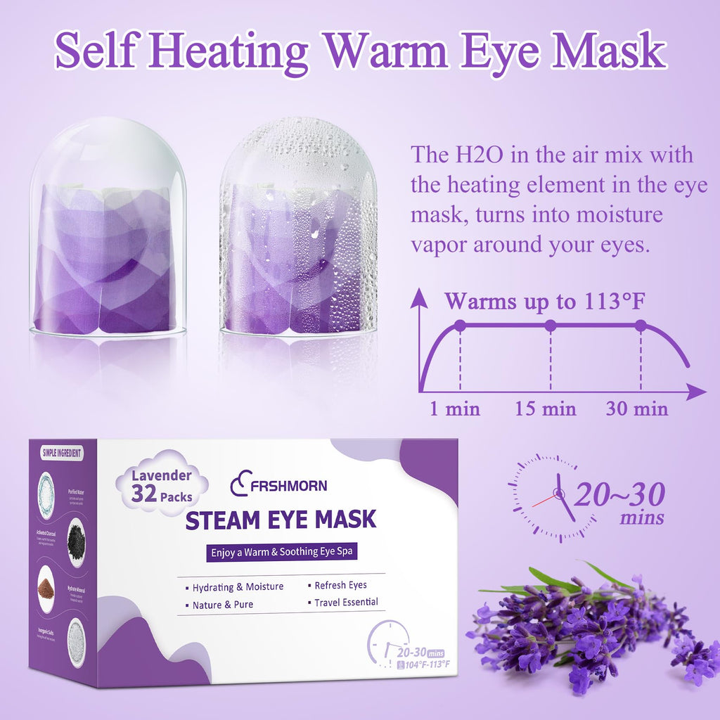 FRSHMORN 32Packs Steam Eye Mask, Heated Eye Mask for Sleeping, Warm Compress for Eyes, Self Heating Disposal Steam Mask for Home Sleep, Office, Spa, Travel Essentials Valentine's Day Gifts (Lavender)