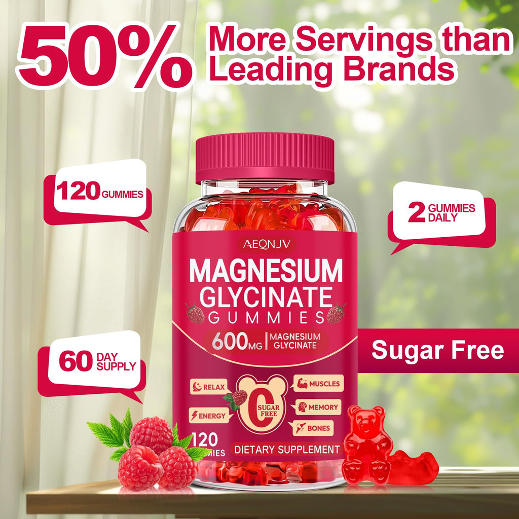 Magnesium Glycinate Gummies 600mg, Sugar Free Magnesium Gummies for Adults, Chewable Potassium Supplements for Body Support, Zzz and Relaxation, 120 Count