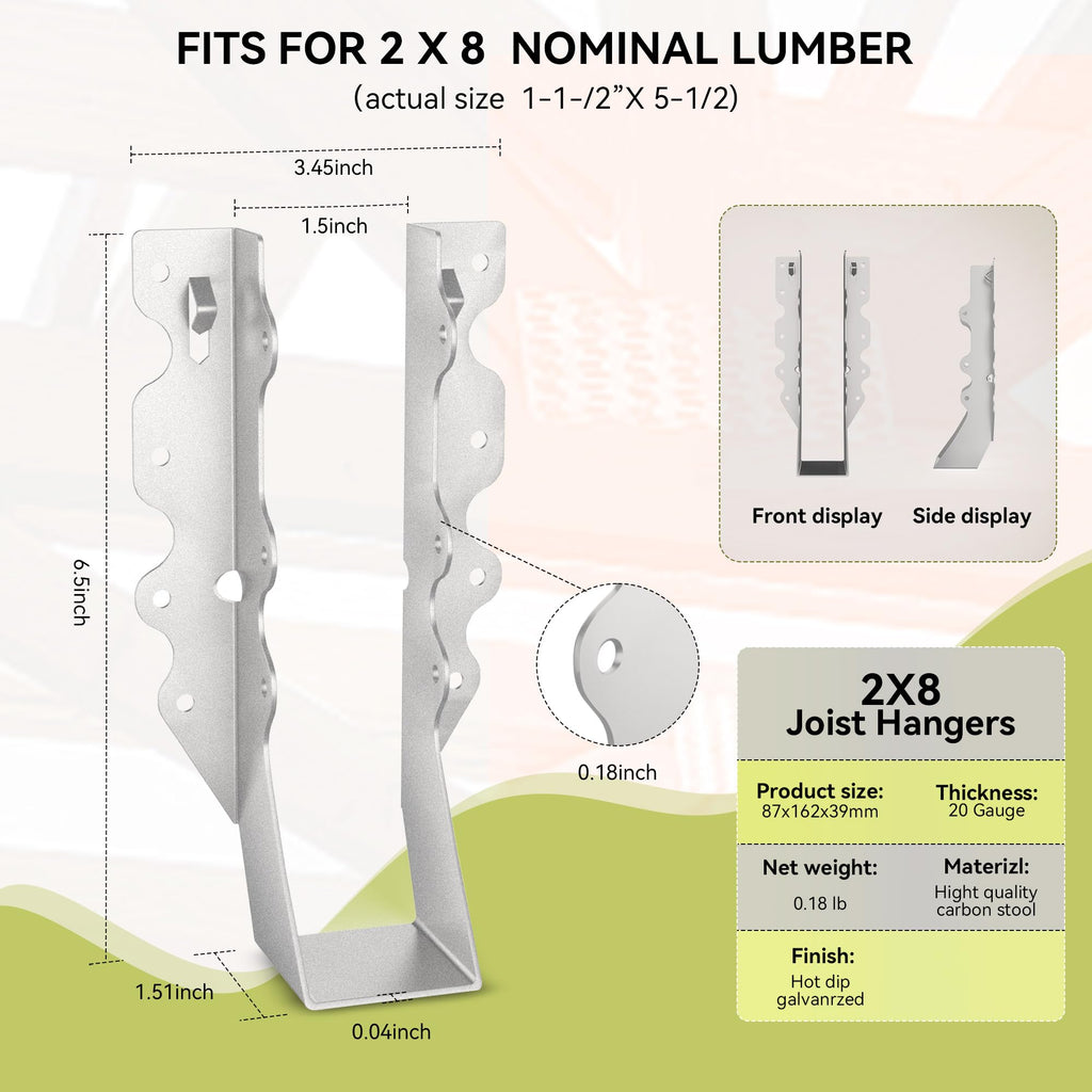 50 pcs 2x8 Joist Hanger,LU28 20 Gauge Galvanizing Face Mount Joist Hangers for Wood,Hurricane Tie for Rafter Fits Truss Connectors Rafter Hangers 2x8 Great for Floor Deck and Ceiling Joists