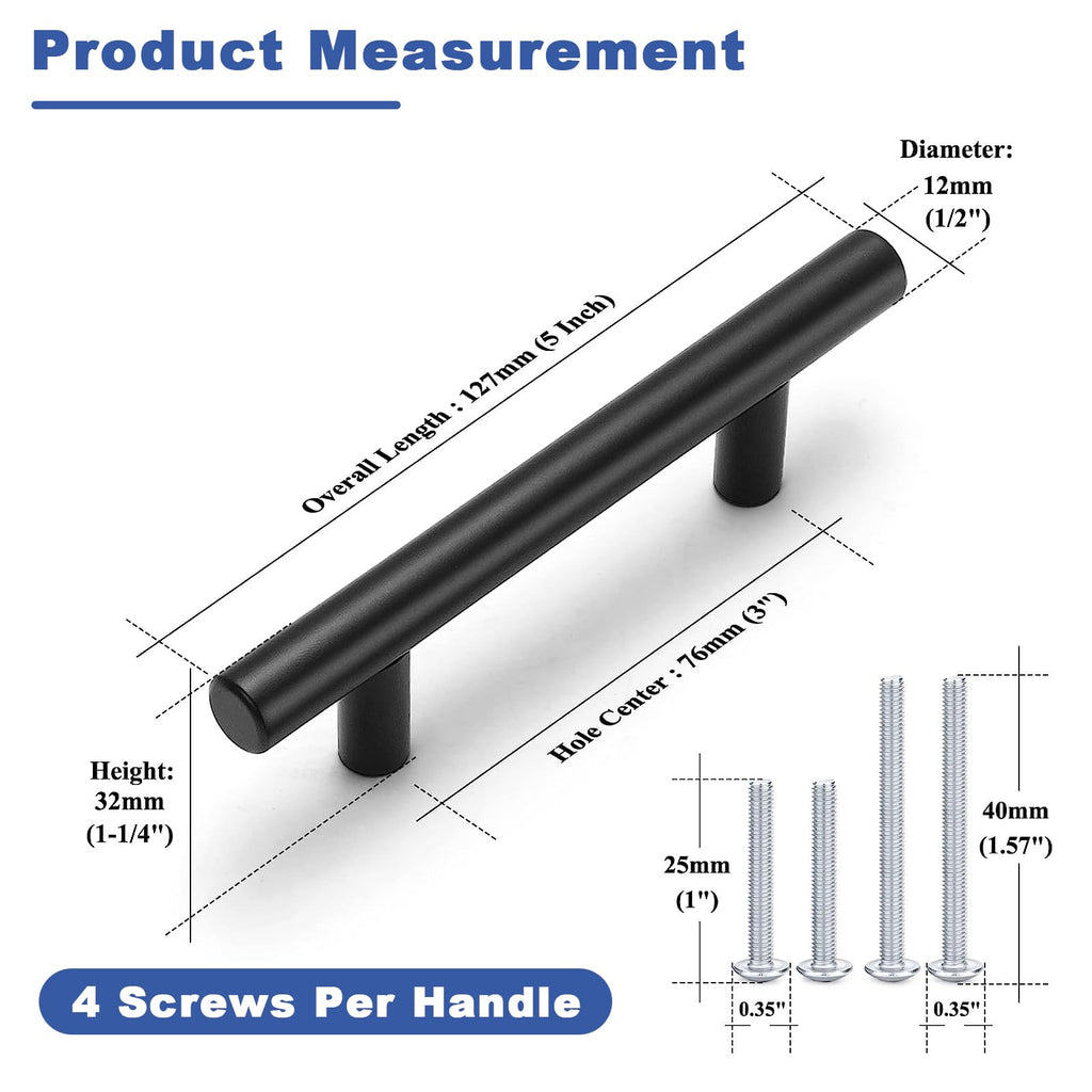 Estmoon 30 Pack Cabinet Handles Matte Black Cabinet Pulls with 3 Inch Hole Center, Stainless Steel Kitchen Cabinet Handles Black Kitchen Handles for Cabinets and Drawers, 76mm Hole Centers