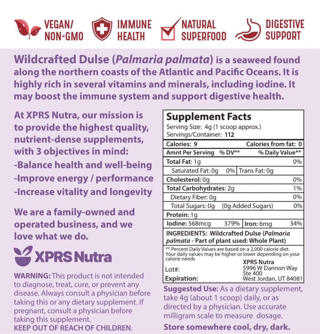 XPRS Nutra Dulse Powder (Palmaria Palmata) - Canadian Wildcrafted Nova Scotia Dulse Powder for Thyroid and Bones - Vegan Friendly Atlantic Duls (16 Ounce)