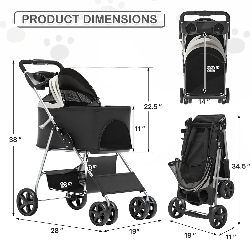MoNiBloom 3 in 1 Foldable Pet Stroller for Small & Medium Dogs, Detachable Carrier, Car Seat, Push Button Entry, 4-Wheel Jogger for Pets up to 33 lbs, Black