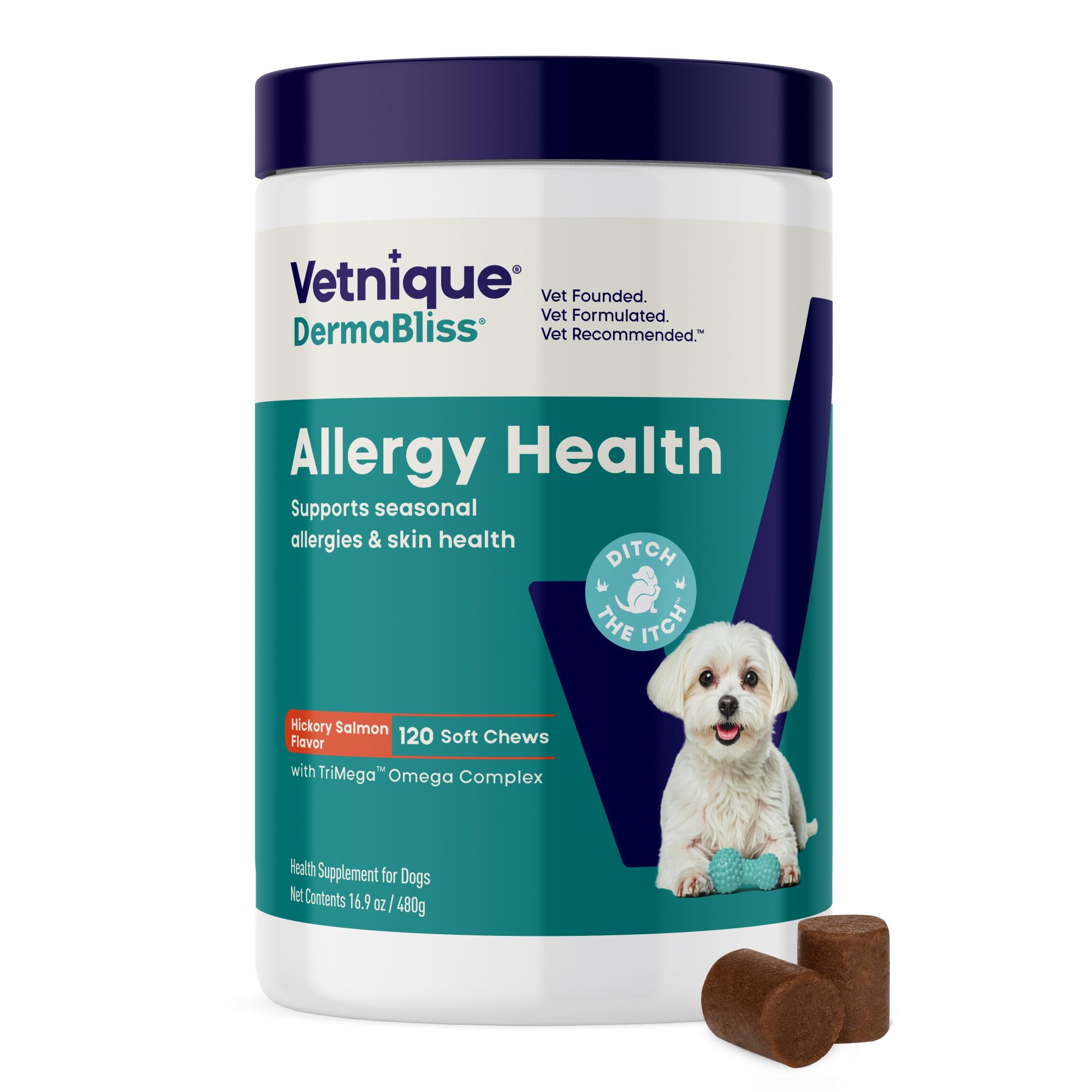 Vetnique DermaBliss Dog Allergy Chews for Seasonal Allergy Itch Relief, Skin & Gut Health with Probiotics and Omega 3 Blend - Advanced or Regular Strength (120ct, Regular Strength Chews)