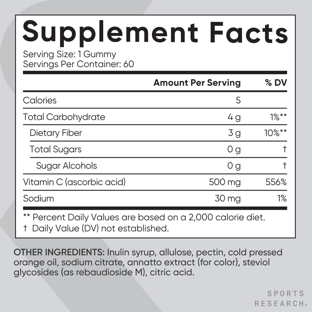 Sports Research­® Vitamin C Gummies | 500 mg Vitamin C | Sugar Free, Gelatin Free, Vegan Certified & Non-GMO Tested | Immune & Antioxidant Support 60 Gummies