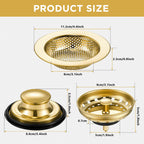 Mudder 3 Pcs Kitchen Sink Drain Strainer and Stopper Stainless Steel Garbage Disposal Plug with Handle Universal Anti-Clogging Kitchen Sink Filter Sieve Basket Strainer(Light Gold)