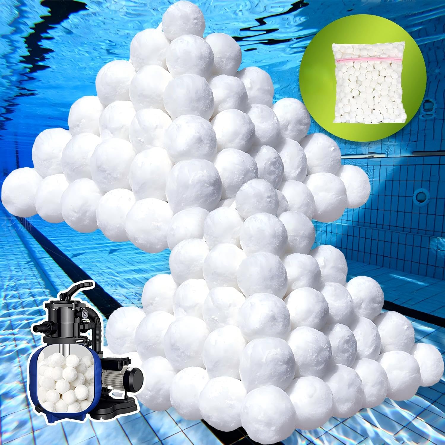Kevsuvqin 5.0 Lbs Pool Filter Balls for Sand Filter, Reusable Eco-Friendly Sand Filter Balls (Equals 225lbs Pool Filter Sand), Pool Filter Media Balls with Wash Bag, Filter Balls for Swimming Pools