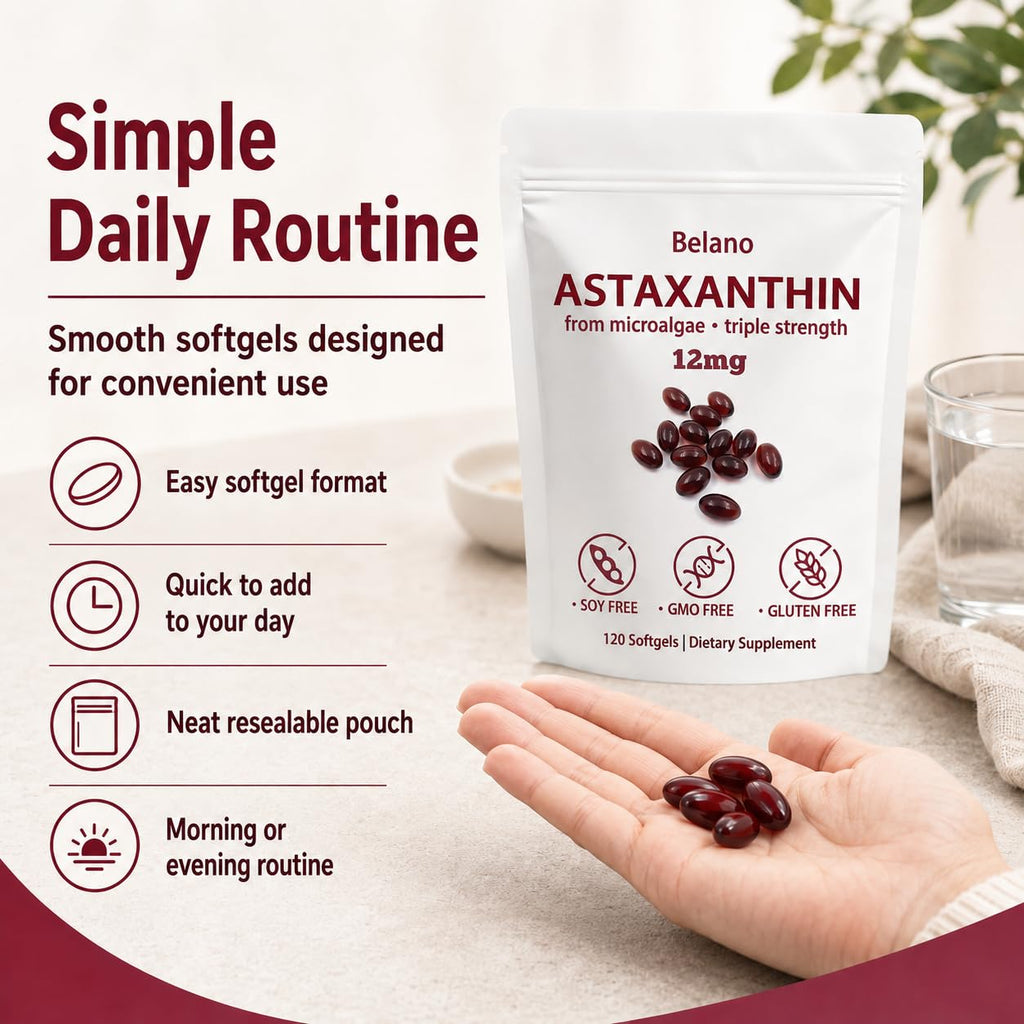 BELANO Nuvapure Astaxanthin12mg，Easy to Swallow, Non-GMO，4-Month Supply，120 Softgels