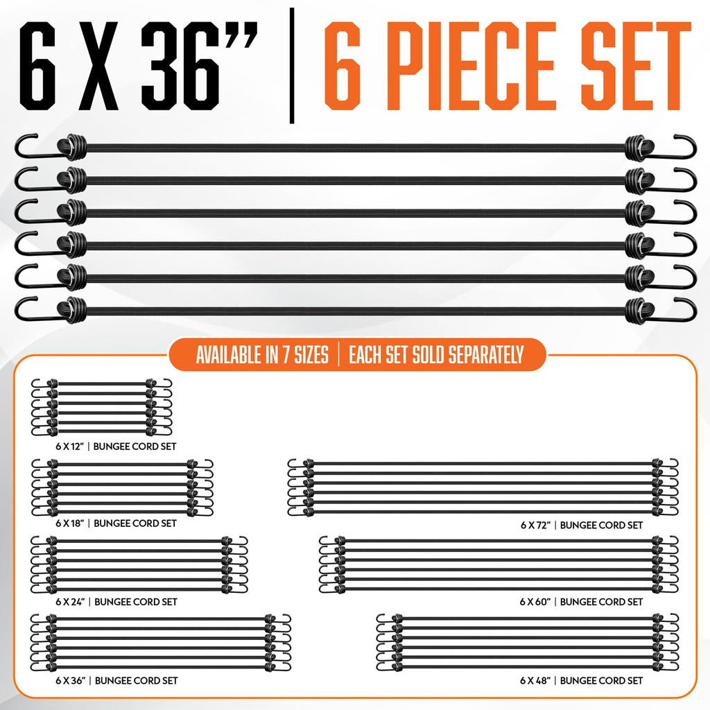 VBEST 6 Piece Strong Bungee Cords with Hooks 36 Inch - Heavy Duty Outdoor Black Bungy Straps with Metal Hooks - 3ftt Bungie Chords Set UV & Weather Resistant