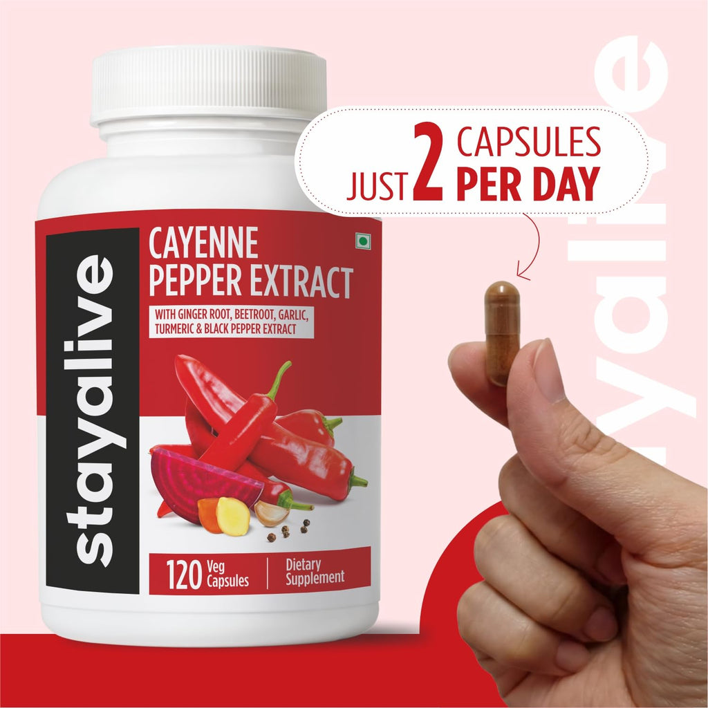 STAY ALIVE Cayenne Pepper Capsules, 6-in-1 Capsicum Blend w/Ginger, Garlic, Turmeric, Beet Root, and Black Pepper Extract, 120 Cayenne Capsules, Non-GMO & Gluten-Free Capsimax Capsaicin Supplement