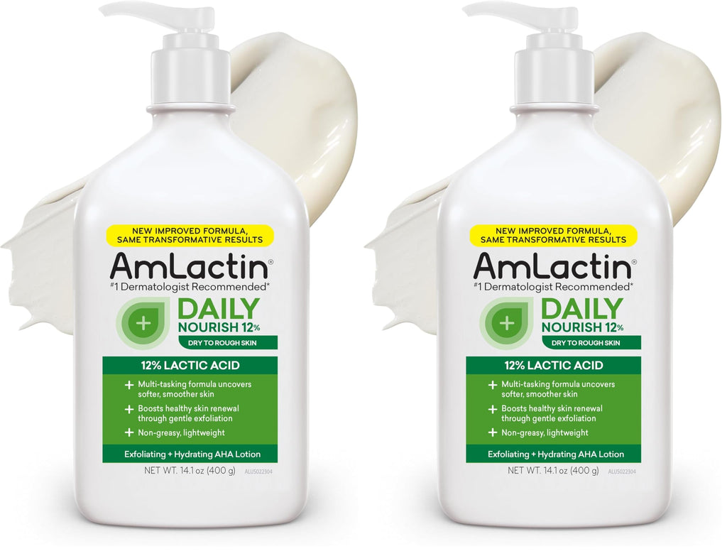 AmLactin Daily Nourish Therapeutic Body Lotion for Dry Skin - No-Scrub Exfoliator and Moisturizer 12% Lactic Acid Lotion,14.1 oz (Packaging May Vary),(Pack of 2)
