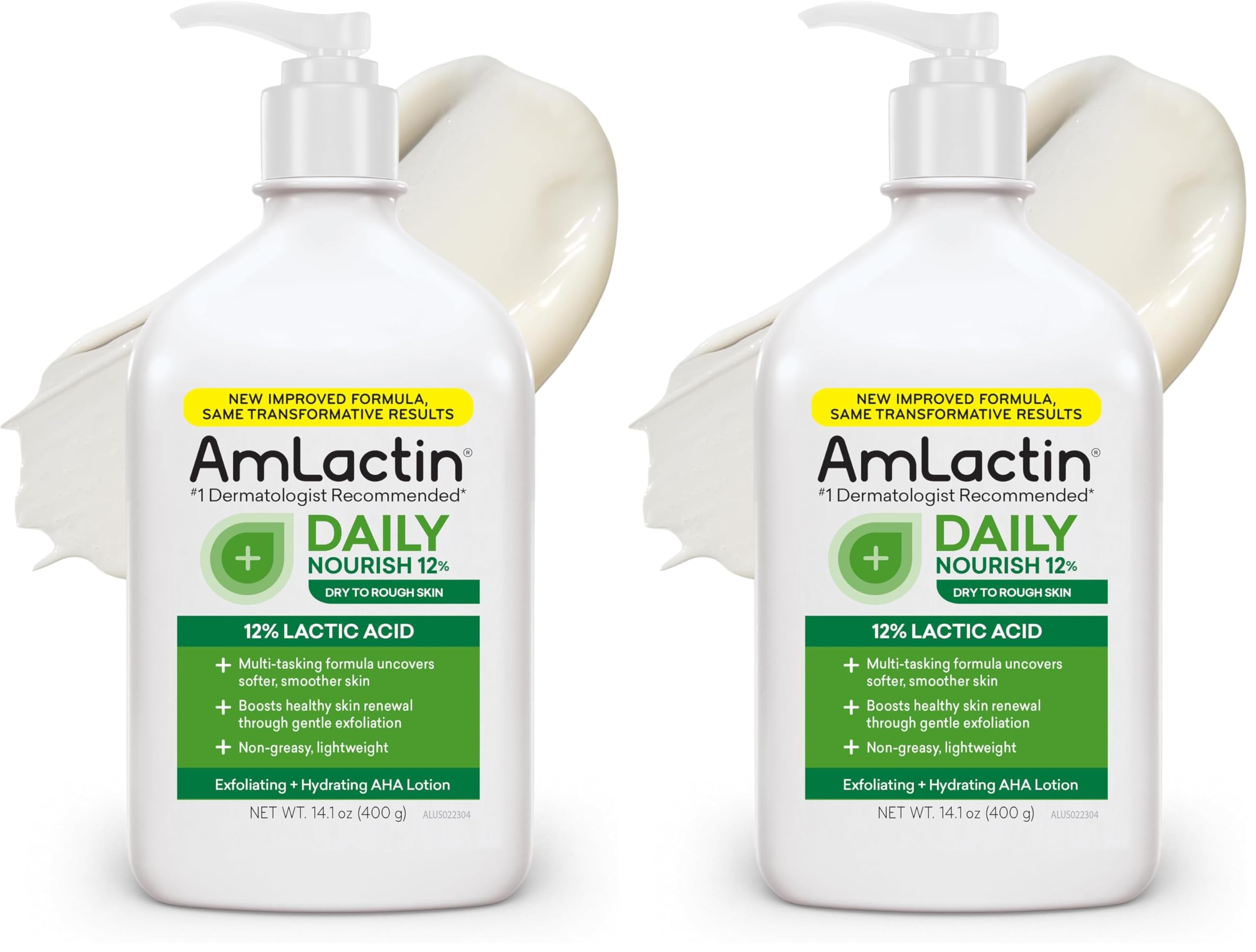 AmLactin Daily Nourish Therapeutic Body Lotion for Dry Skin - No-Scrub Exfoliator and Moisturizer 12% Lactic Acid Lotion,14.1 oz (Packaging May Vary),(Pack of 2)