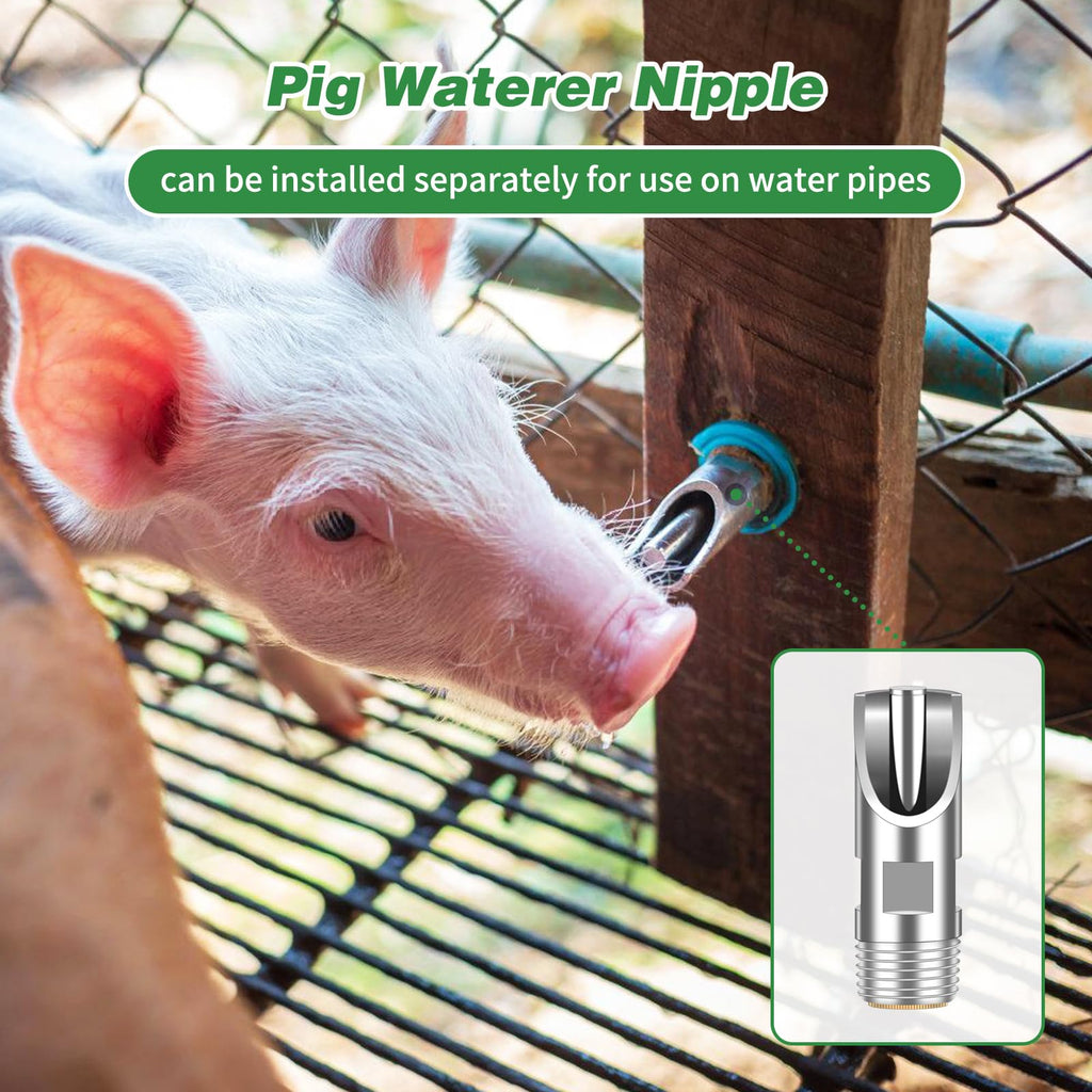 Lonepetu 4 Pcs Pig Waterer Nipples for Barrel Kit, Stainless Steel Hog Waterer Nipples Automatic Pig Nipple Water Drinker Feeder Water System with Brass Tank Connector Kit for Piglets Goat
