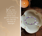 St Dymphna Bracelet - Saint Dymphna Prayer Card, The Lord's Prayer Card - Stretchable Round Saint Dymphna Bracelet with Purple and Amethyst Beads - St.Dymphna Bracelet and Cards Set of 3 Items