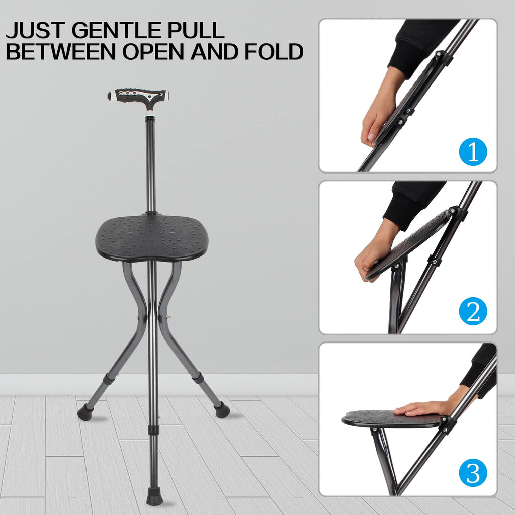 Yayayo Hold 440 lbs Folding Canes with Seat Walking Stick Height Adjustment Cane Seat Capacity Frosted Handle with Magnetic Therapy Stone Crutches Stool (Square LED)