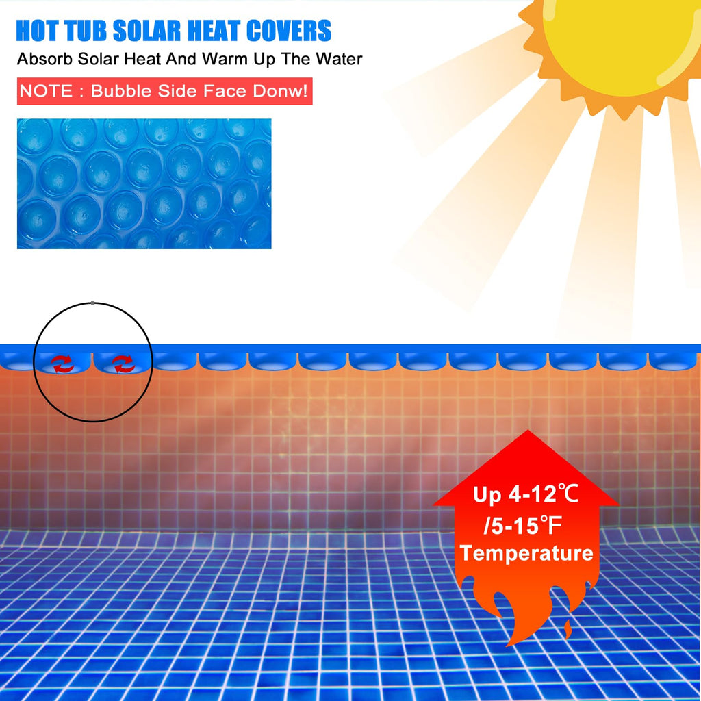Kakolvan Solar Bubble Hot Tub Spa Cover for 7 x 7 FT Square Inflatable Swimming Pool Blanket Thermal Floating Insulation 16 Mil Bubble Solar Covers for Indoor Outdoor Spa Hot Tub Wrap Covers