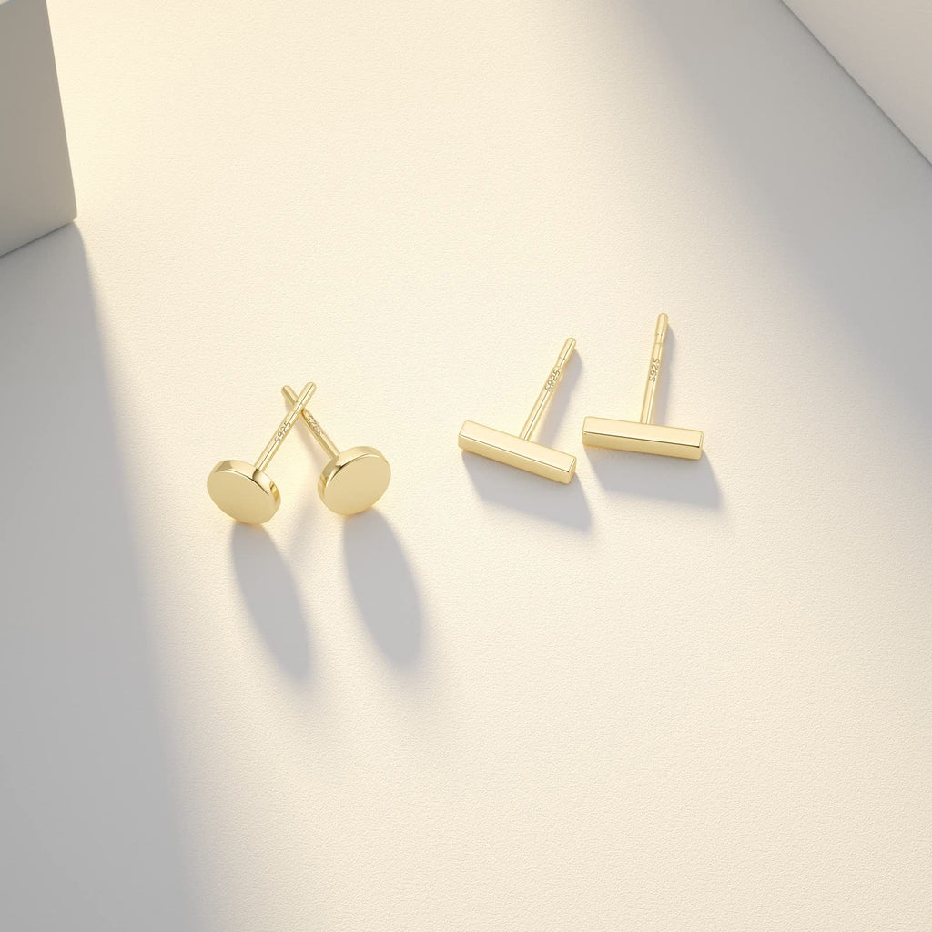 JIAYIQI 2 Pairs 14K Gold Plated Stud Earrings for Women, Minimalist 925 Sterling Silver, Hypoallergenic Small Bar and Dot Ear Studs for Multiple Piercings Jewelry