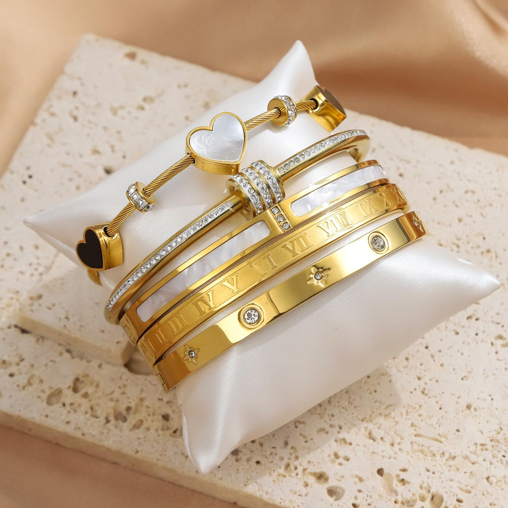 Gold Bangle Bracelets for Women, 18K Gold Plated Stainless Steel 5 Pcs Stackable Bangle Bracelet Set, Waterproof Non Tarnish Bracelets, Trendy Jewelry Gifts for Women
